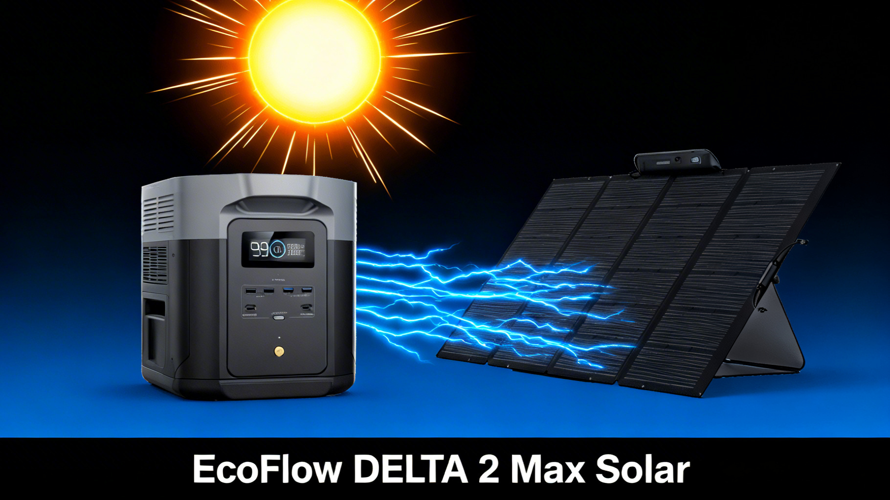 Bold solar illustration showing EcoFlow DELTA 2 Max power station connected to a 400W solar panel with electric blue power flow