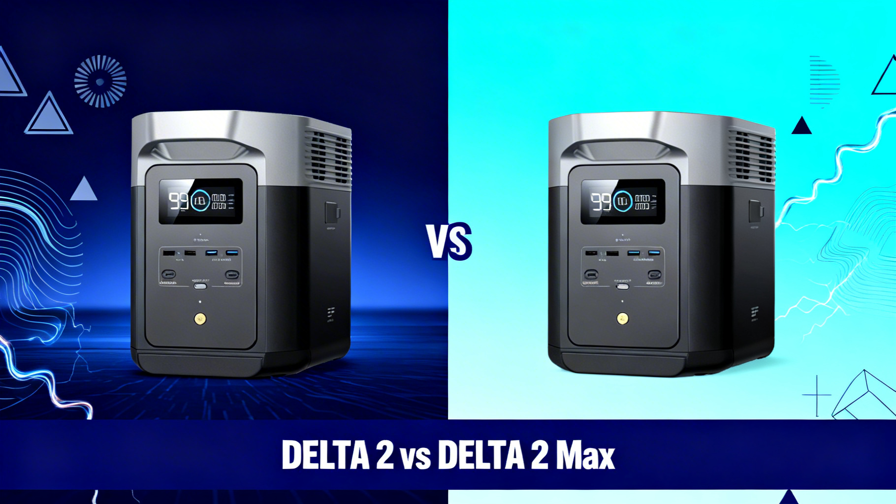 Modern editorial split design with dark gradients, VS text in electric blue, comparing EcoFlow DELTA 2 Max and DELTA Pro 3