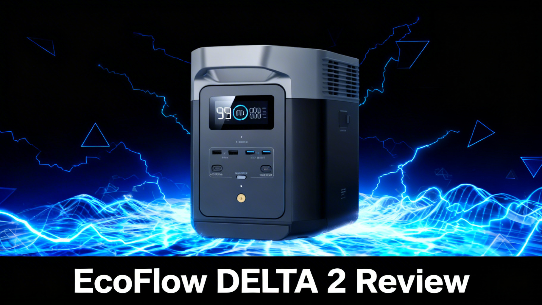 Bold power-tech editorial hero image with deep black to dark blue gradient, electric blue power surge lines and angular geometric shapes for EcoFlow DELTA 2 review