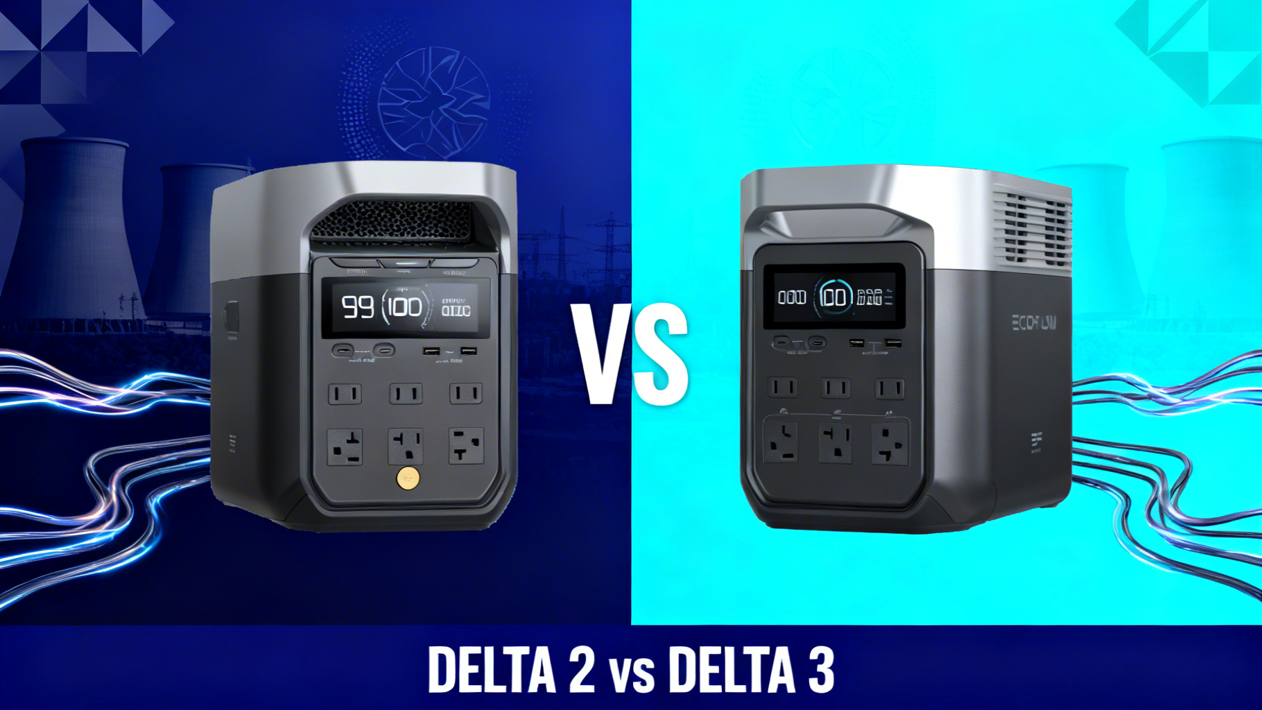 Modern editorial split design with dark gradients, VS text in electric blue, comparing EcoFlow DELTA 2 and DELTA 2 Max