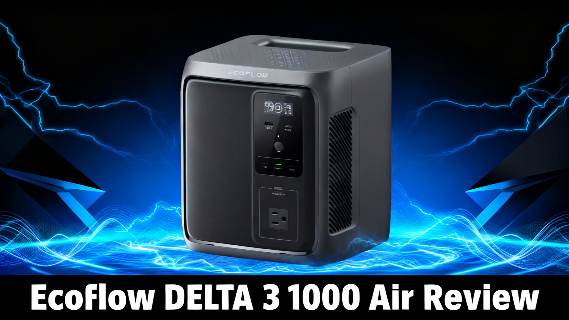 Bold power-tech editorial hero image with deep black to dark blue gradient, dynamic electric blue power surge lines and angular geometric shapes for EcoFlow DELTA 3 1000 Air review article