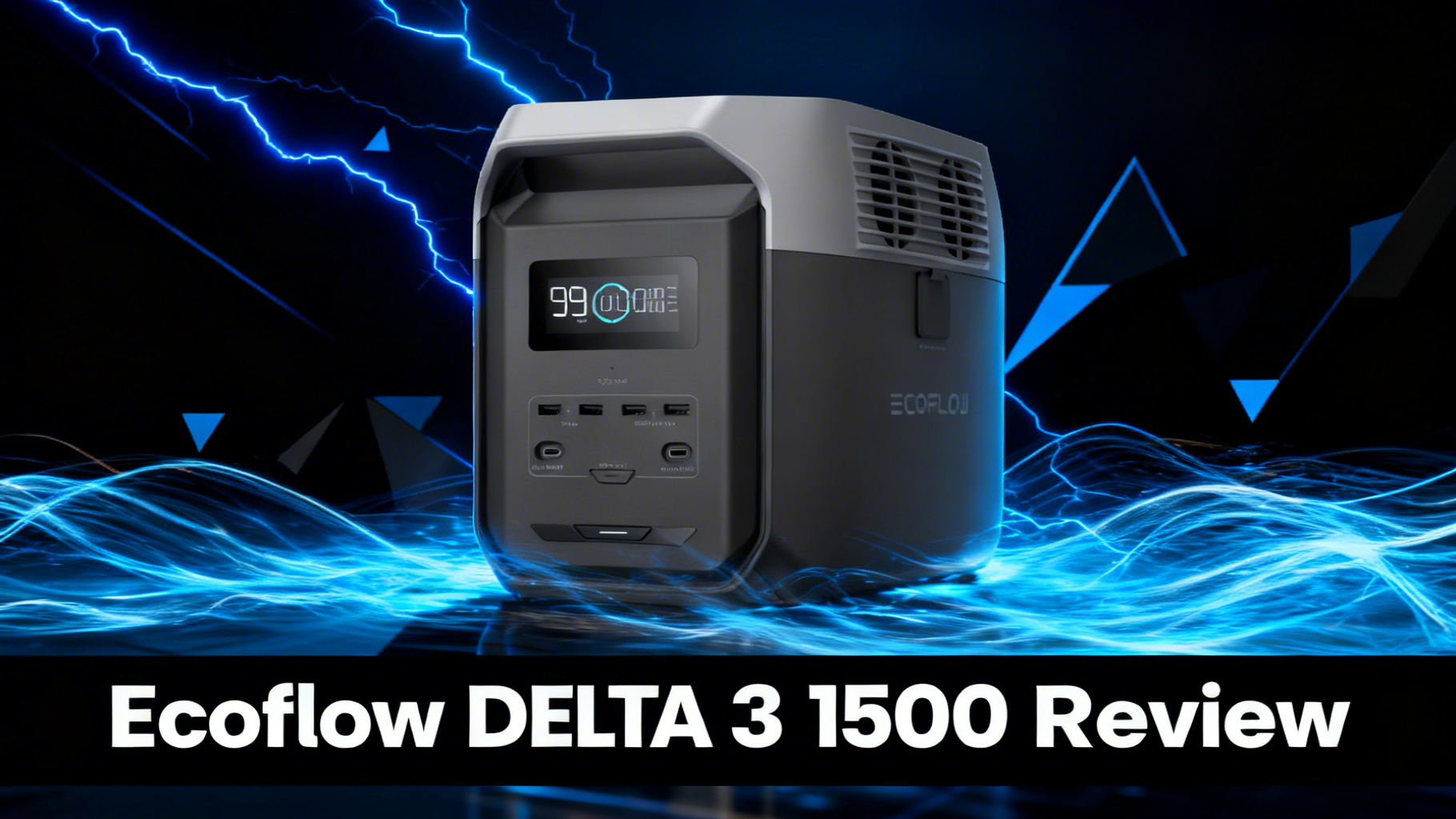 Bold power-tech editorial hero image with deep black to dark blue gradient background and dynamic electric blue power surge lines representing EcoFlow DELTA 3 1500 portable power station review