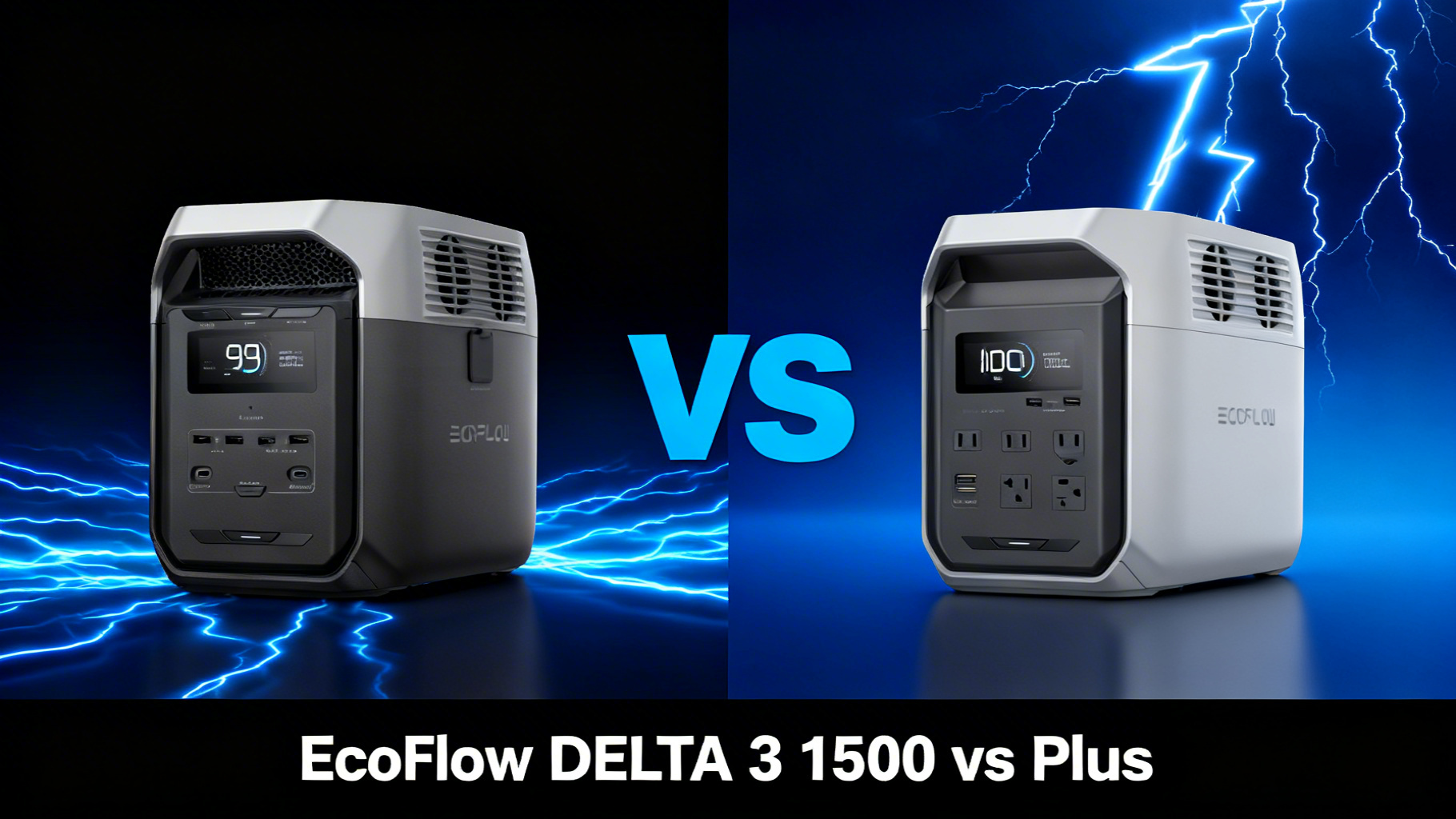 Modern editorial split design comparing EcoFlow DELTA 3 1500 and DELTA 3 Plus portable power stations with product photos and electric blue VS divider