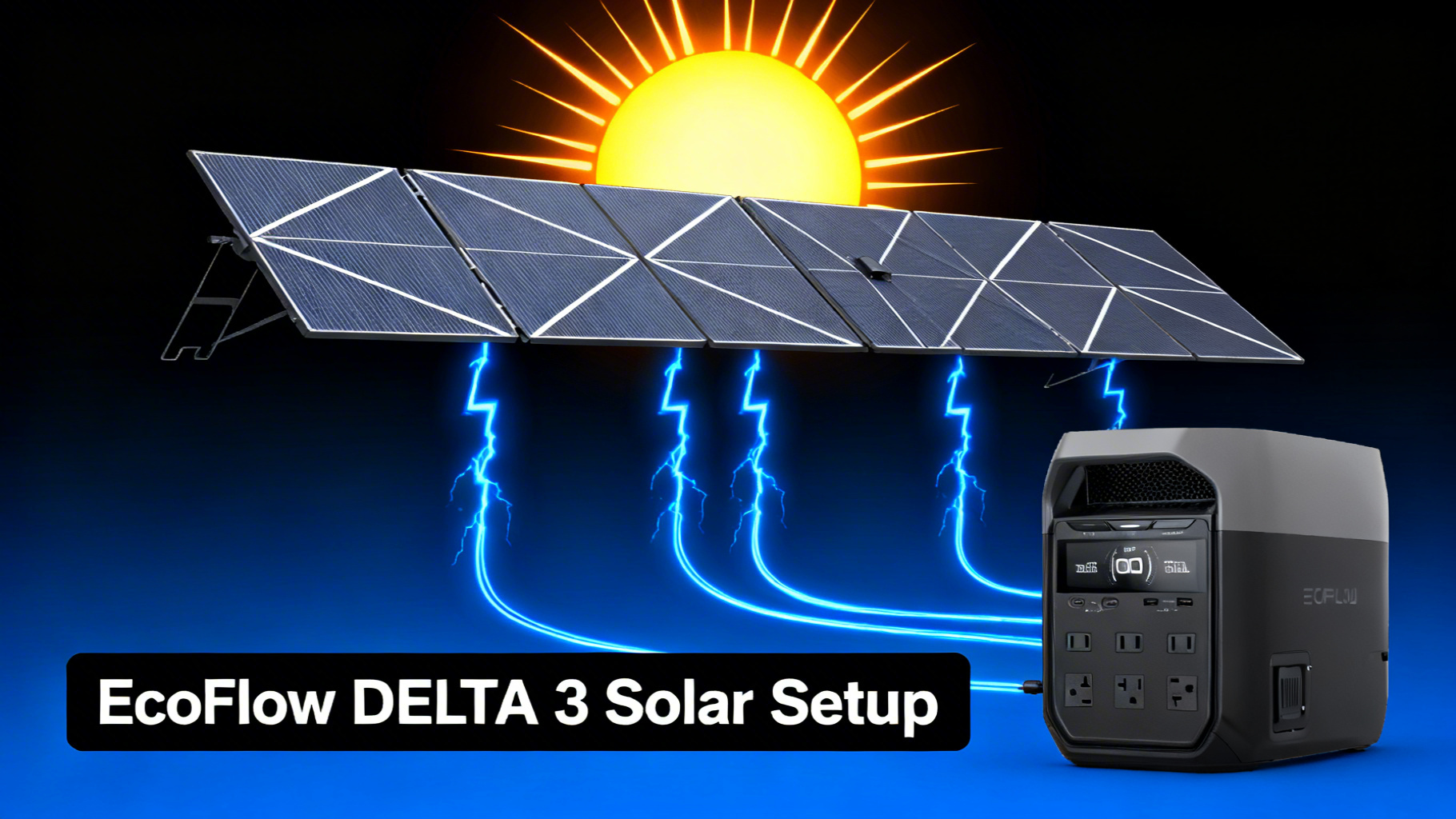 Bold solar energy illustration with bright sun, solar panels and electric blue energy flow for EcoFlow DELTA 3 Classic solar setup
