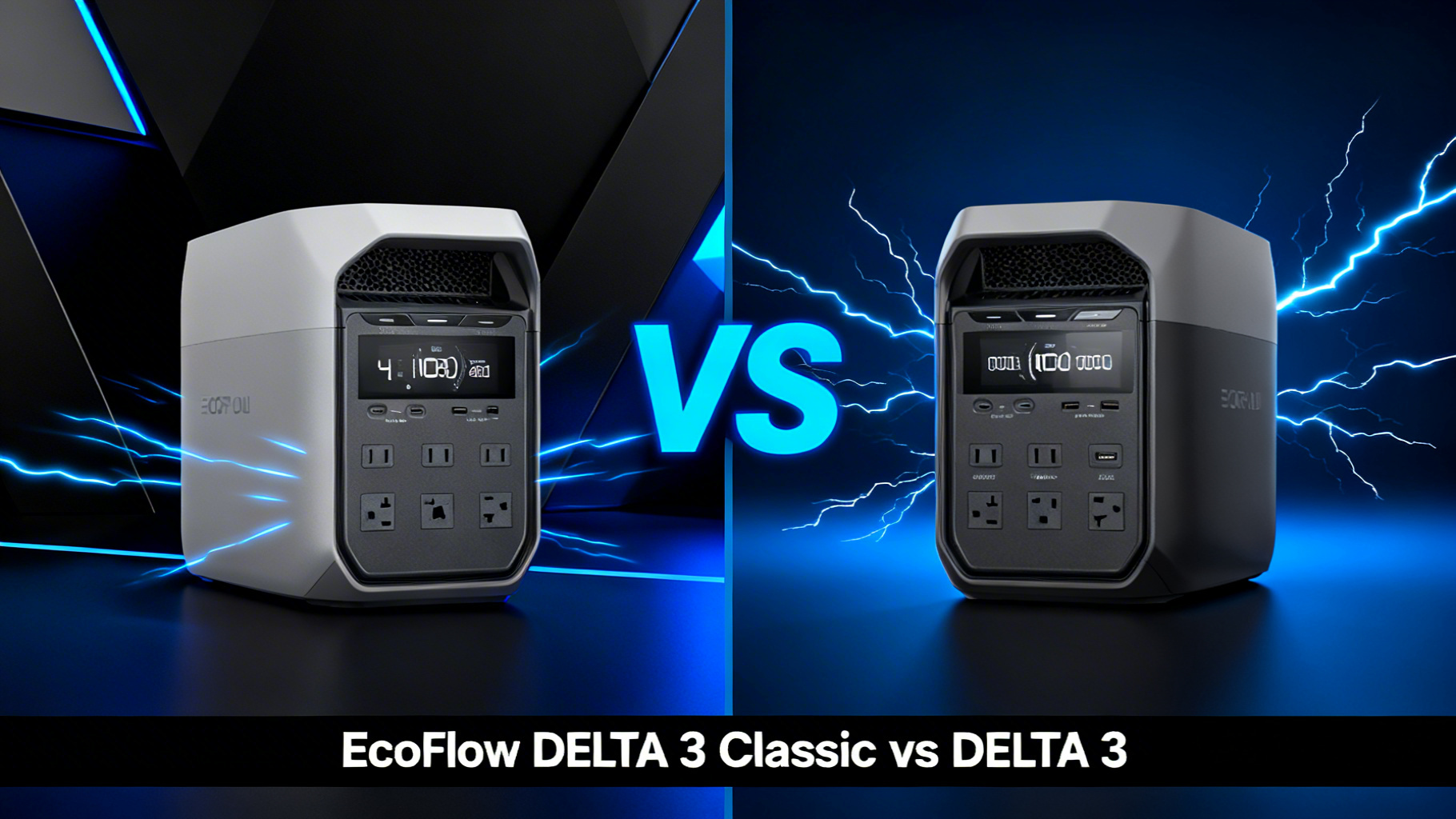 Modern editorial split design comparing EcoFlow DELTA 3 Classic and DELTA 3 portable power stations with product photos and electric blue VS divider
