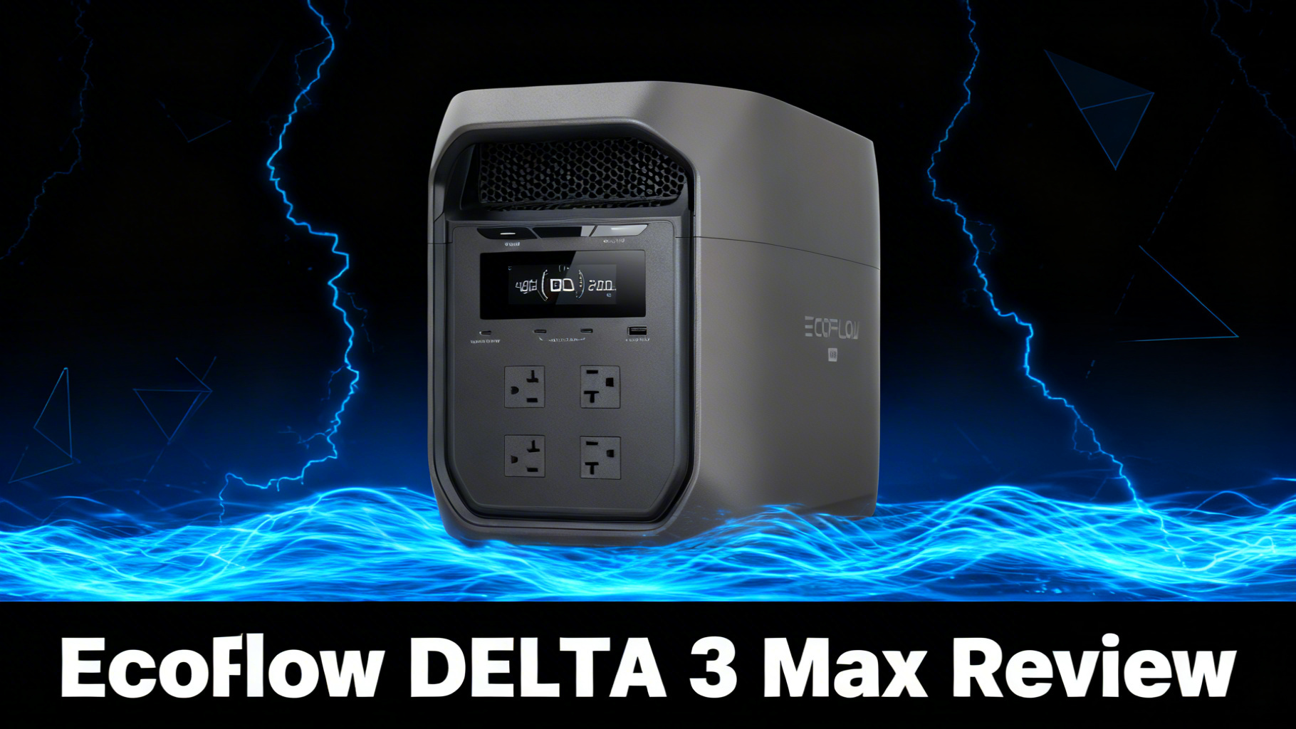 Bold power-tech editorial hero image with deep black to dark blue gradient, electric blue energy surge lines and angular geometric shapes for EcoFlow DELTA 3 Max review article