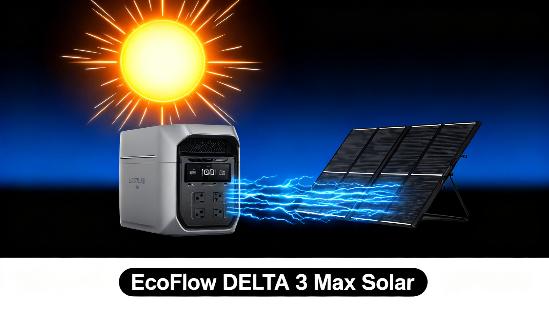 Bold solar illustration showing EcoFlow DELTA 3 Max power station connected to a 400W solar panel with electric blue power flow