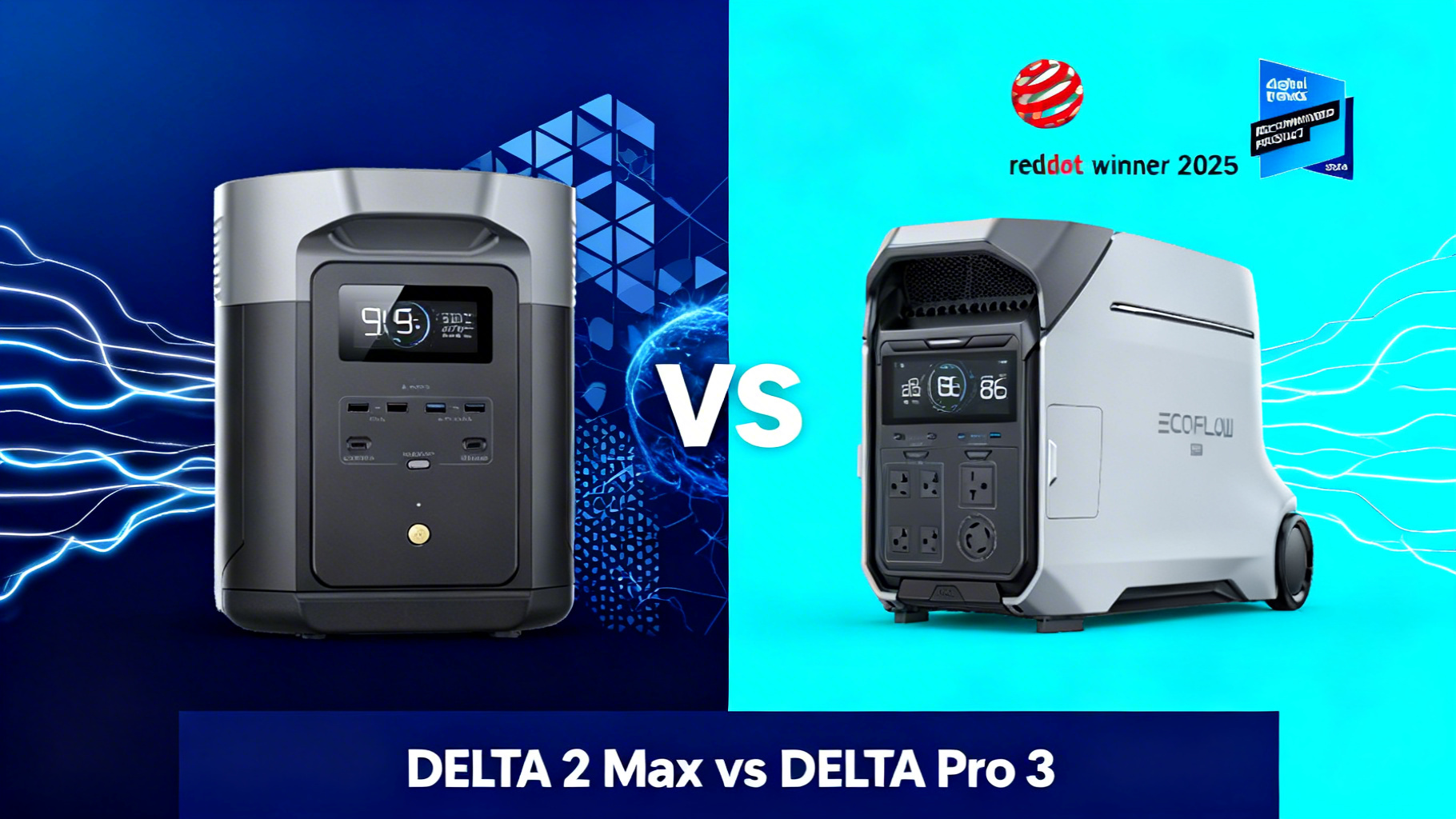 Modern editorial split design with dark gradients, VS text in electric blue, comparing EcoFlow DELTA 3 Max and DELTA 2 Max