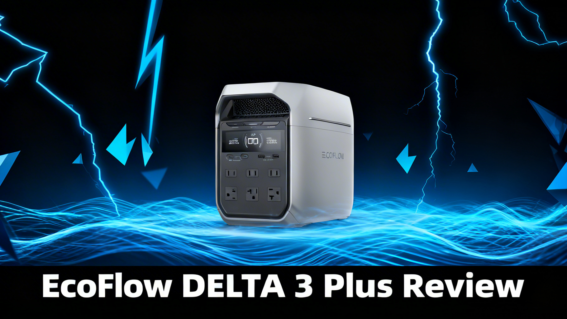 Bold power-tech editorial hero image with deep black to dark blue gradient background, dynamic electric blue power surge lines and angular geometric shapes representing EcoFlow DELTA 3 Plus portable power station review