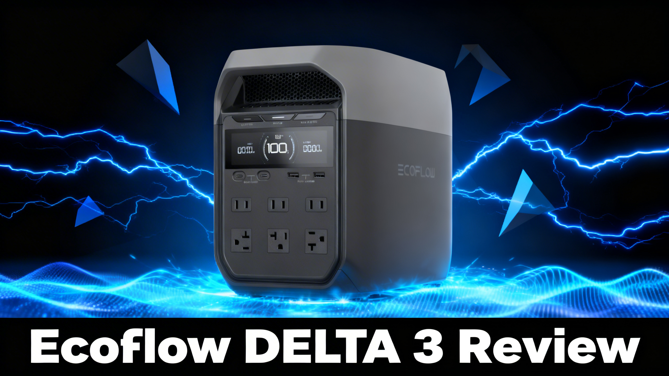 Bold power-tech editorial hero image with deep black to dark blue gradient background, dynamic electric blue power surge lines and angular geometric shapes representing EcoFlow DELTA 3 mid-range portable power station review