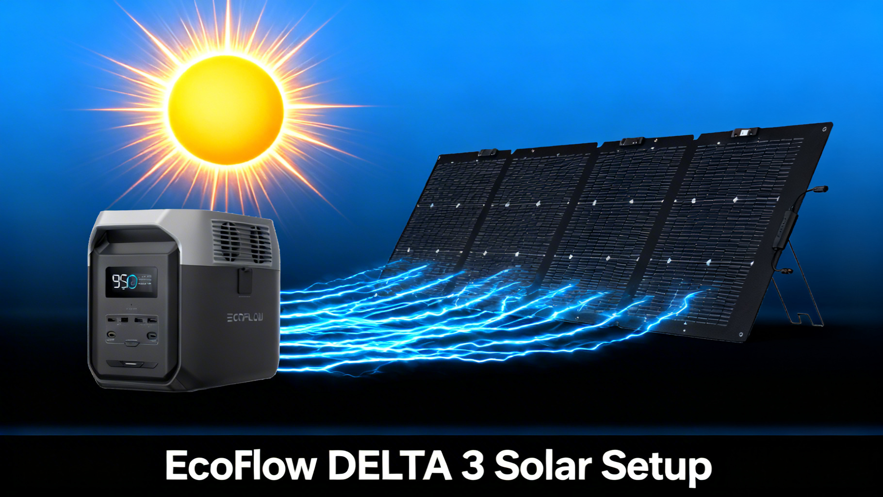 Bold solar illustration showing EcoFlow DELTA 3 power station connected to a 220W solar panel with electric blue power flow