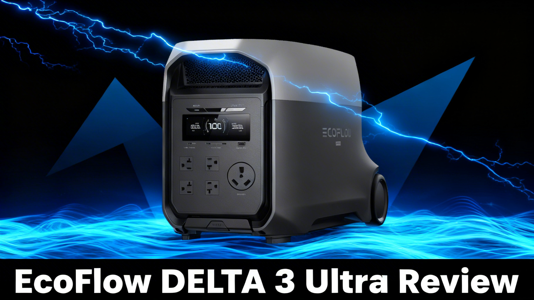 Bold power-tech editorial hero image with deep black to dark blue gradient, dynamic electric blue power surge lines and angular geometric shapes for EcoFlow DELTA 3 Ultra review article