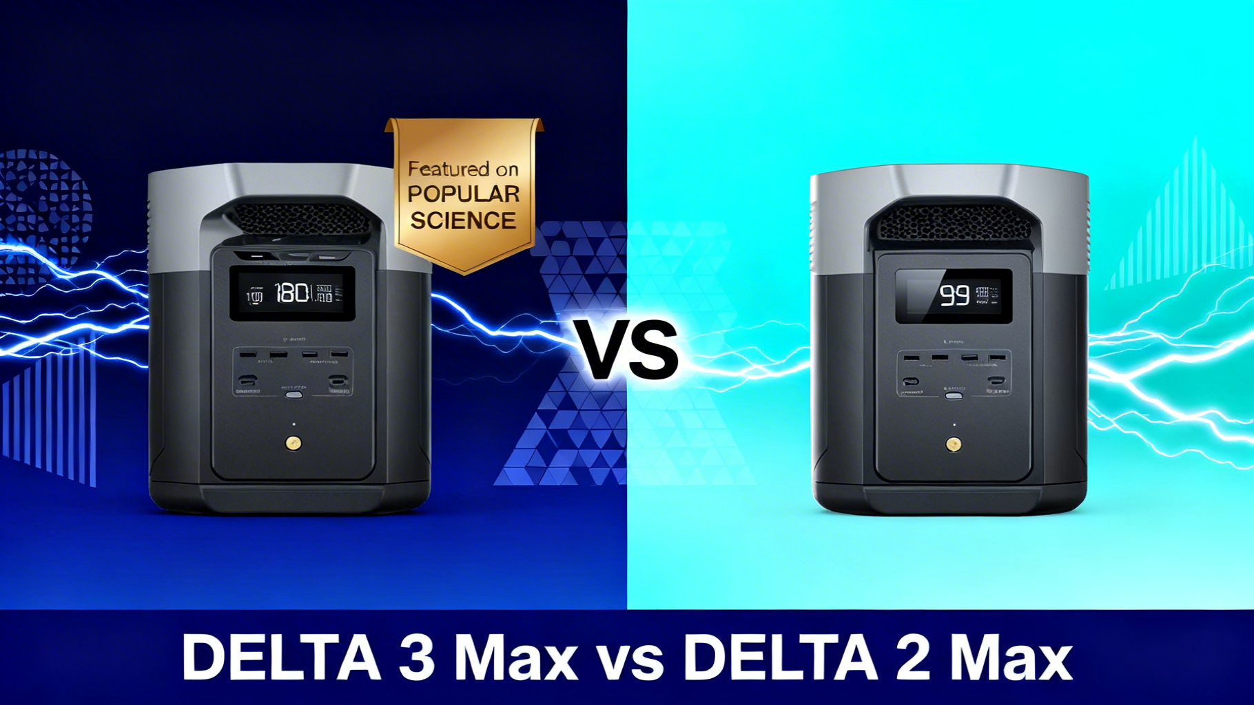 Modern editorial split design with dark gradients, VS text in electric blue, comparing EcoFlow DELTA 3 and DELTA 3 Air