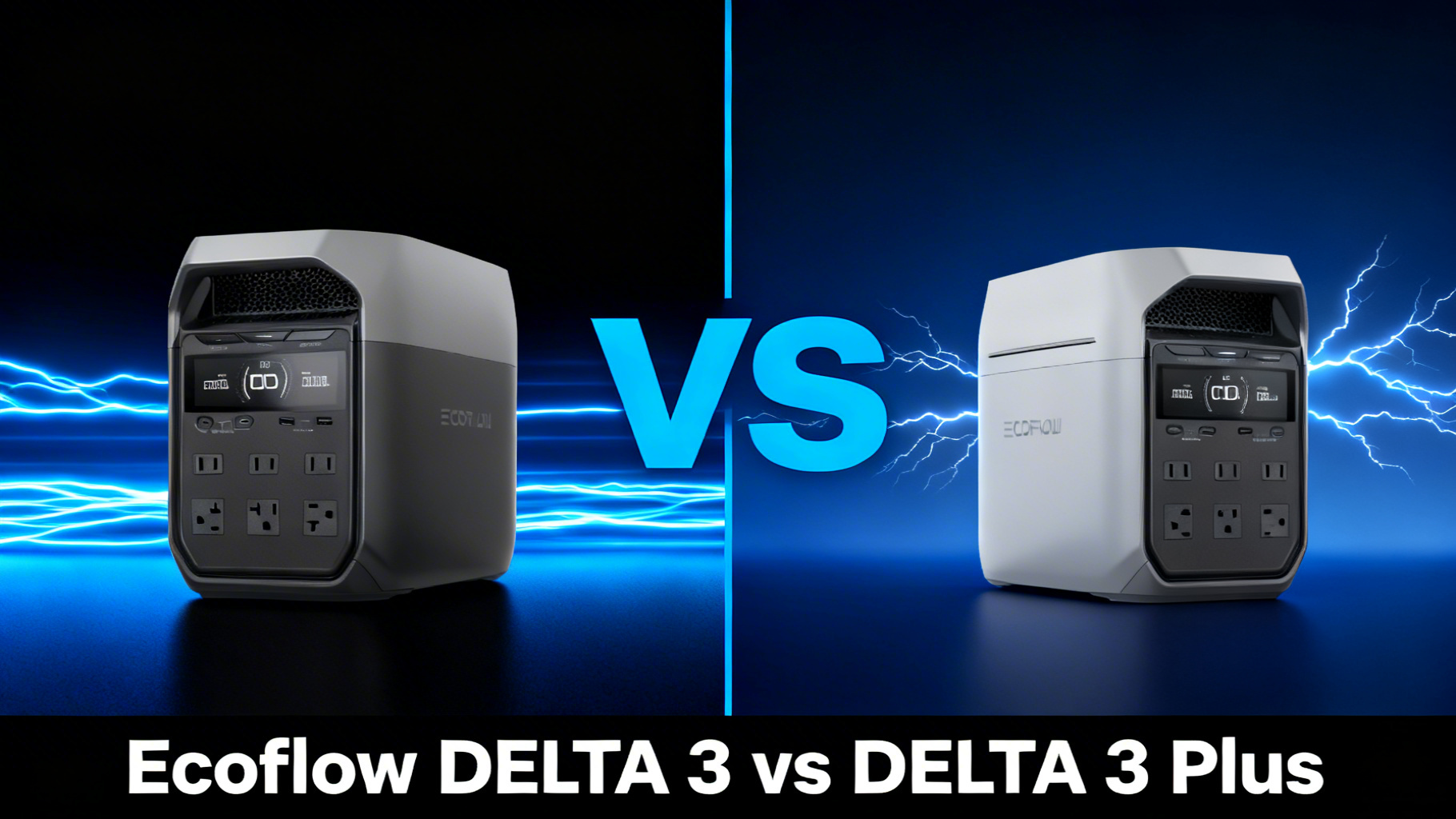 Modern editorial split design comparing EcoFlow DELTA 3 and DELTA 3 Plus portable power stations with product photos and electric blue VS divider