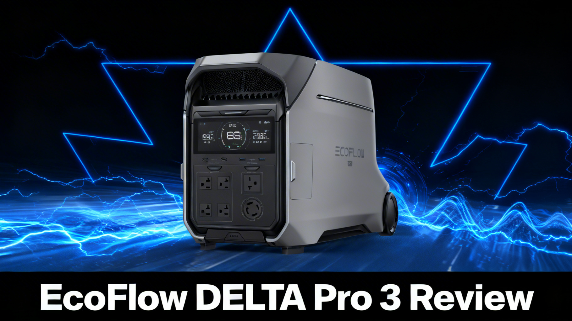 Bold power-tech editorial hero image with deep black to dark blue gradient, dynamic electric blue power surge lines and angular geometric shapes for EcoFlow DELTA Pro 3 review article