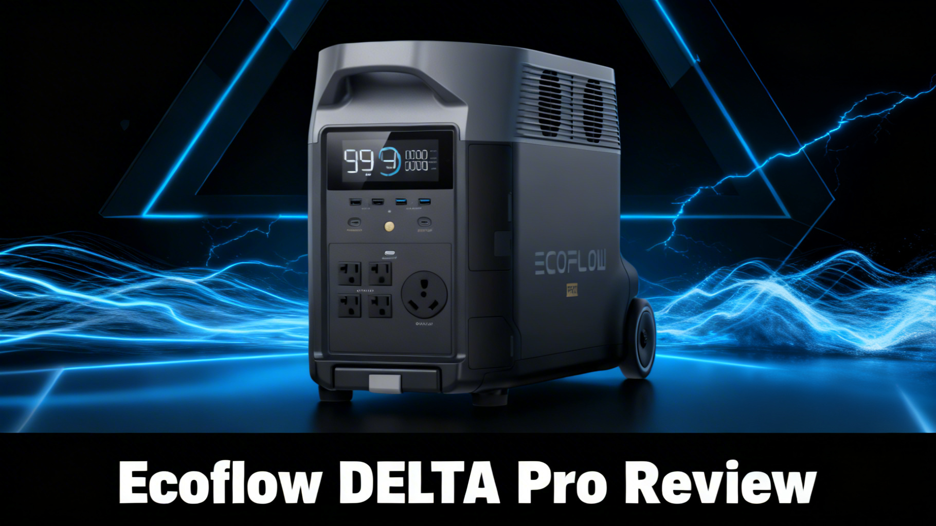 Bold power-tech editorial hero image. Deep black to dark blue gradient background. Dynamic electric blue power surge lines and angular geometric shapes. Pulsing energy wave effects. Raw power aesthetic with cutting-edge technology theme. At the bottom, solid black bar with white bold text "EcoFlow DELTA Pro Review". Bold, powerful, high-tech design, 4K quality.
