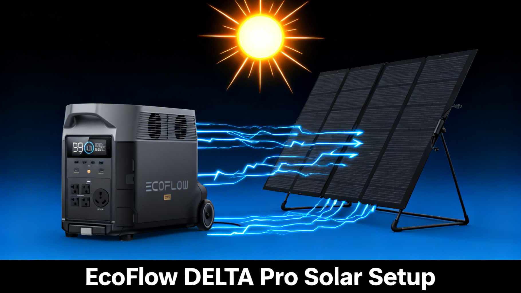 Bold solar illustration showing EcoFlow DELTA Pro power station connected to a 400W solar panel with electric blue power flow
