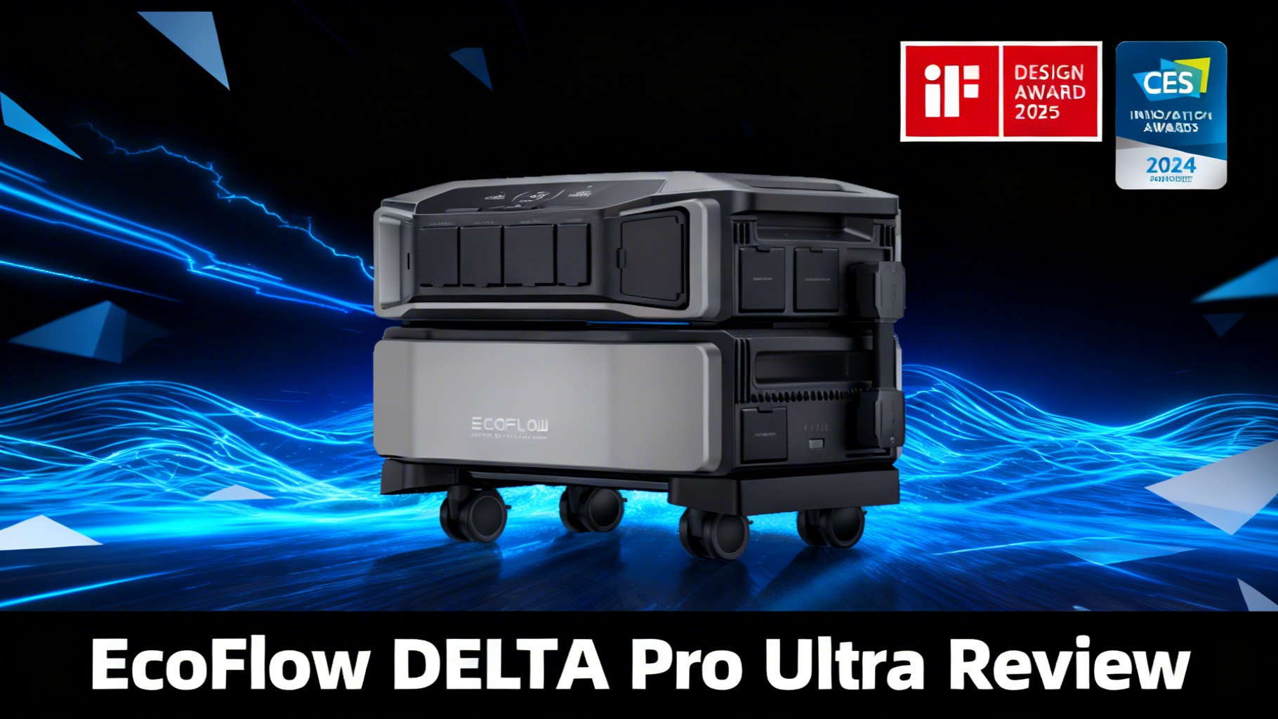 Bold power-tech editorial hero image with deep black to dark blue gradient background and dynamic electric blue power surge lines representing EcoFlow DELTA Pro Ultra whole home backup power station review