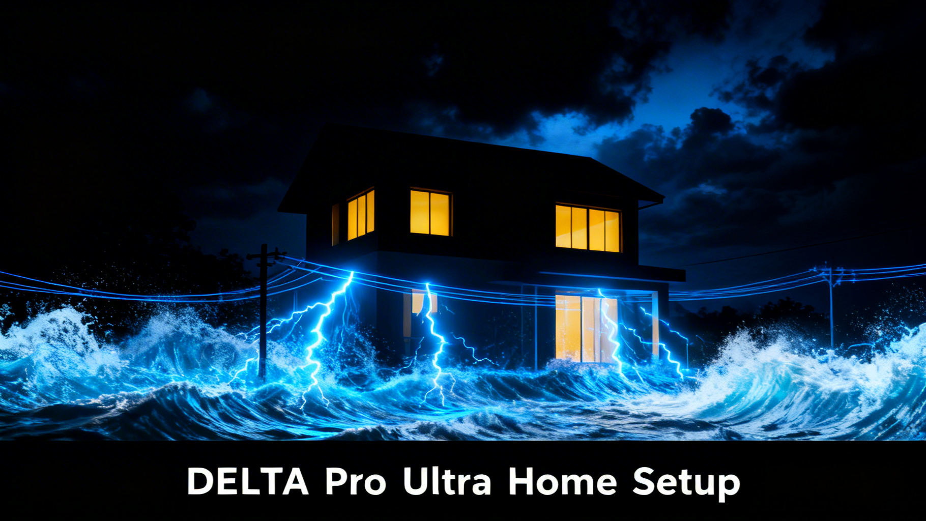Dramatic editorial illustration of modern house at night with deep black sky, electric blue power lines surging energy for EcoFlow DELTA Pro Ultra whole-home setup