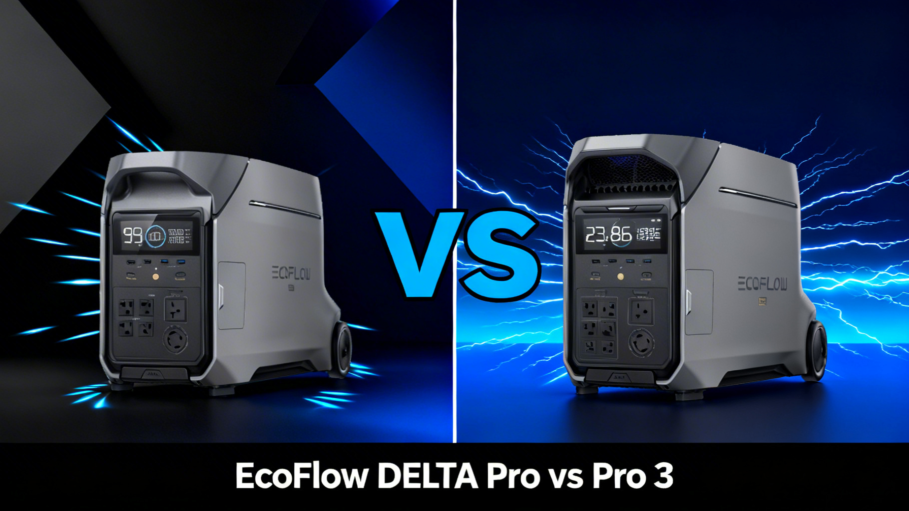 Modern editorial split design comparing EcoFlow DELTA Pro and DELTA Pro 3 portable power stations with product photos and electric blue VS divider