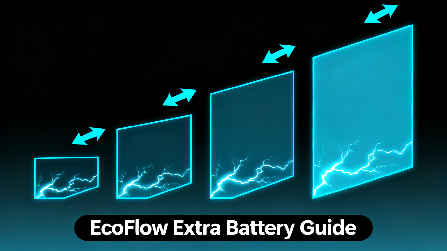 Clean educational diagram with deep black gradient, bold angular geometric shapes increasing in size and electric blue outlines for EcoFlow extra battery guide