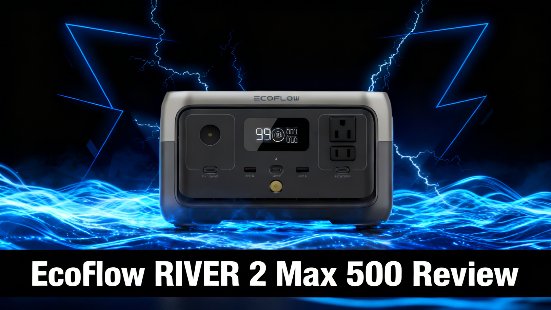 Bold power-tech editorial hero image with deep black to dark blue gradient, dynamic electric blue power surge lines and angular geometric shapes for EcoFlow RIVER 2 Max 500 review article
