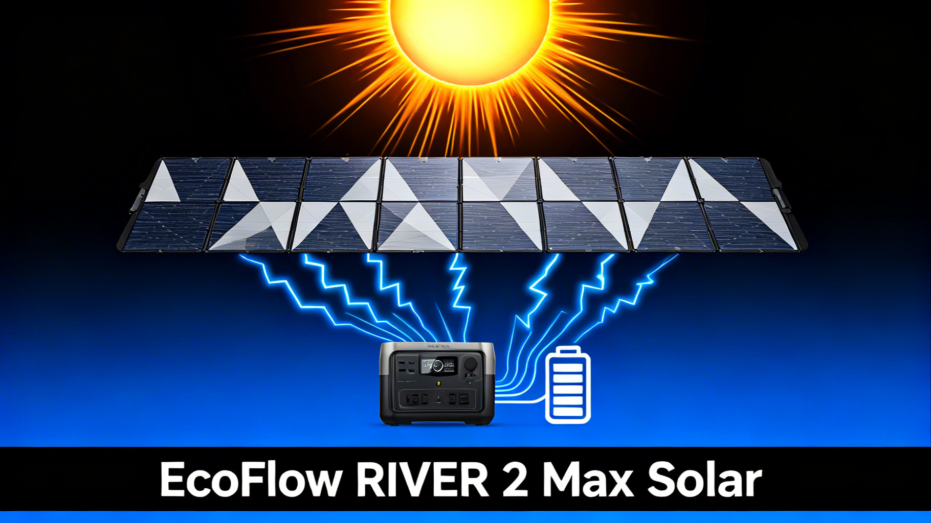 Bold solar energy illustration with bright sun, solar panels and electric blue energy flow for EcoFlow RIVER 2 Max solar setup