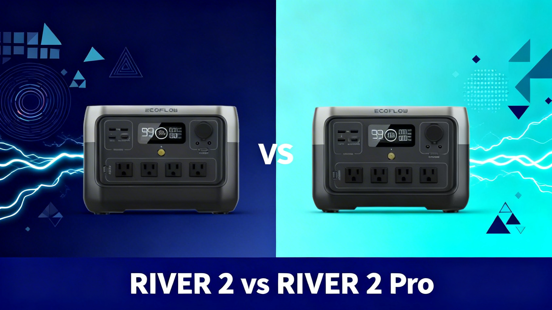 Modern editorial split design with dark gradients, VS text in electric blue, comparing EcoFlow RIVER 2 Max and RIVER 2 Pro