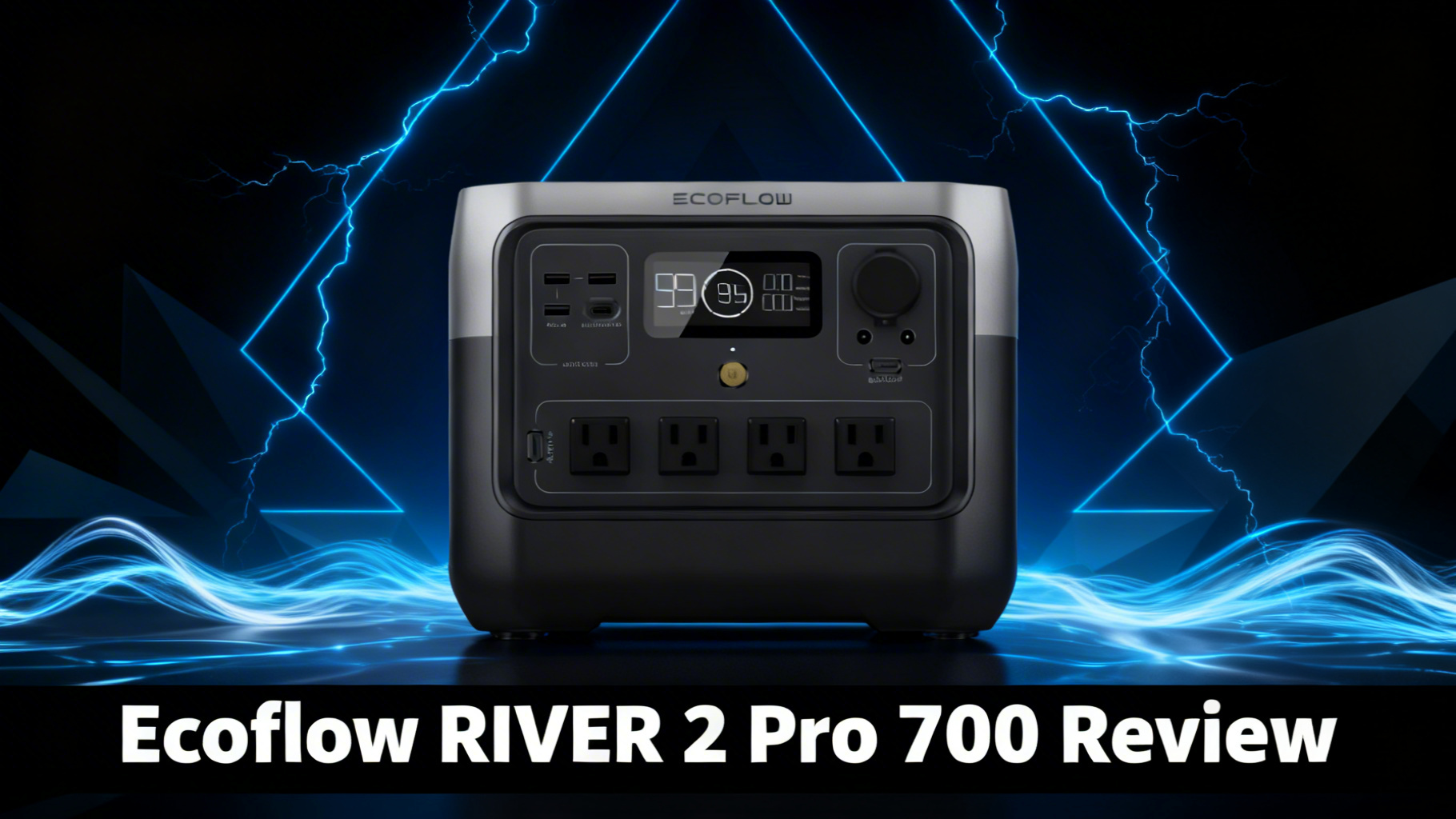 Bold power-tech editorial hero image with deep black to dark blue gradient, dynamic electric blue power surge lines and angular geometric shapes for EcoFlow RIVER 2 Pro 700 review article