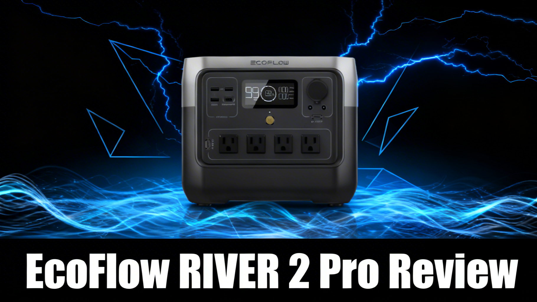 Bold power-tech editorial hero image with deep black to dark blue gradient background and dynamic electric blue power surge lines representing EcoFlow RIVER 2 Pro 768Wh portable power station review
