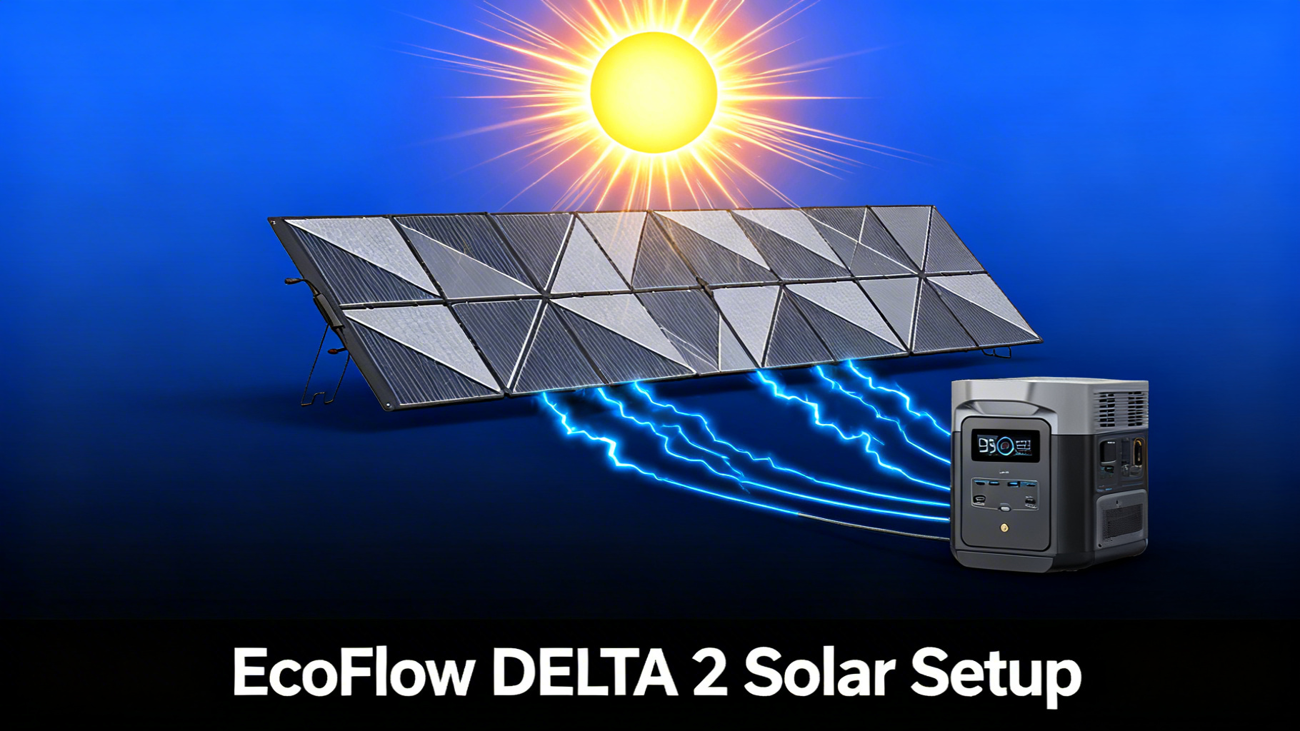 Bold solar energy illustration with bright sun, solar panel array and electric blue power flow for EcoFlow RIVER 2 Pro solar setup
