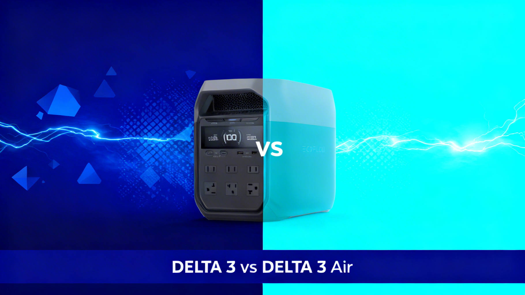 Modern editorial split design with dark gradients, VS text in electric blue, comparing EcoFlow RIVER 2 Pro and DELTA 2