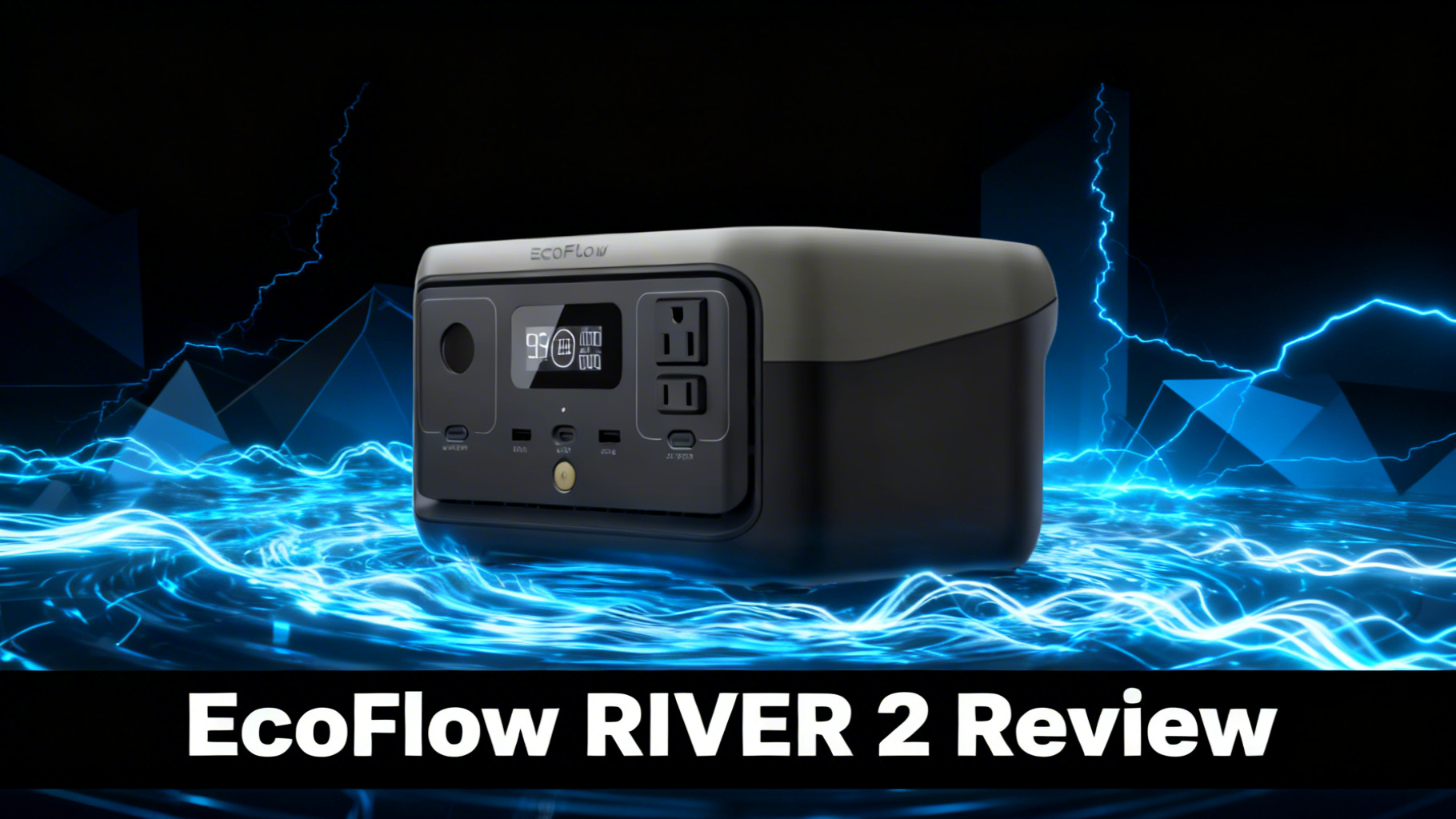 Bold power-tech editorial hero image with deep black to dark blue gradient, dynamic electric blue power surge lines and angular geometric shapes for EcoFlow RIVER 2 review article
