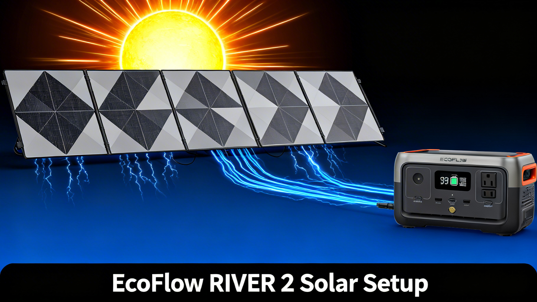 Bold solar energy illustration with bright sun, solar panels and electric blue energy flow for EcoFlow RIVER 2 solar setup