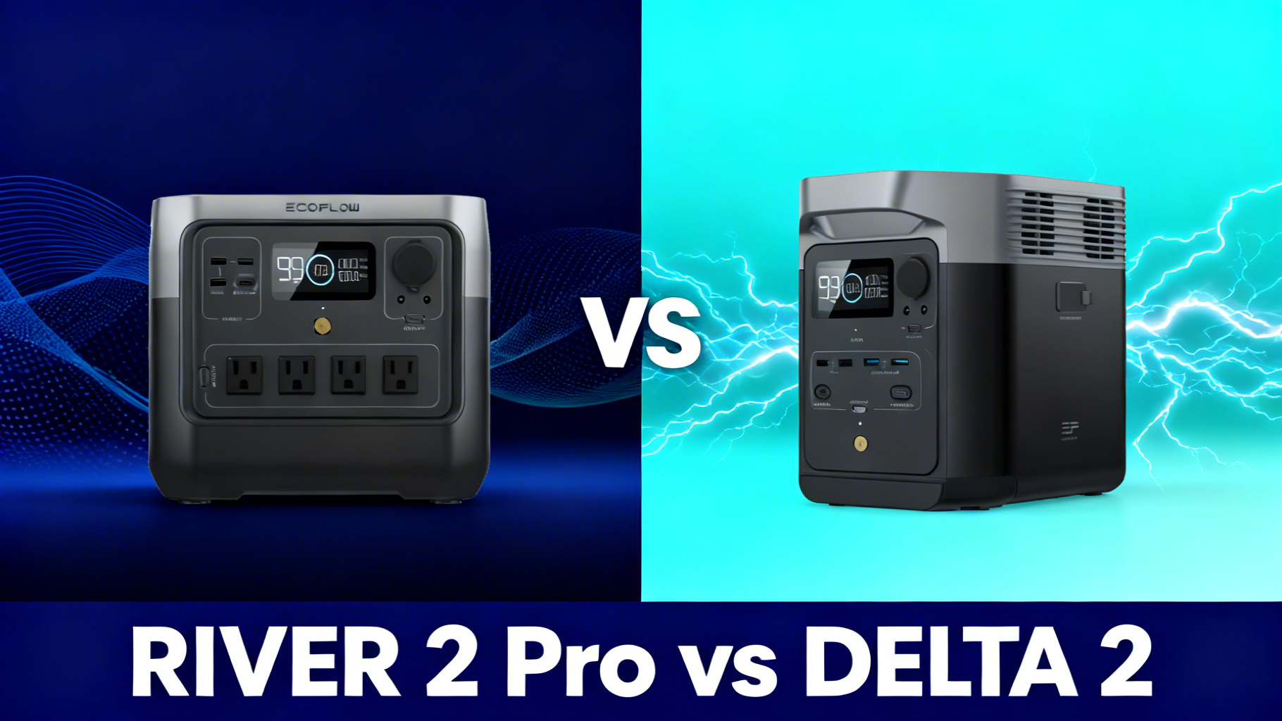 Modern editorial split design with dark gradients, VS text in electric blue, comparing EcoFlow RIVER 2 and RIVER 2 Pro