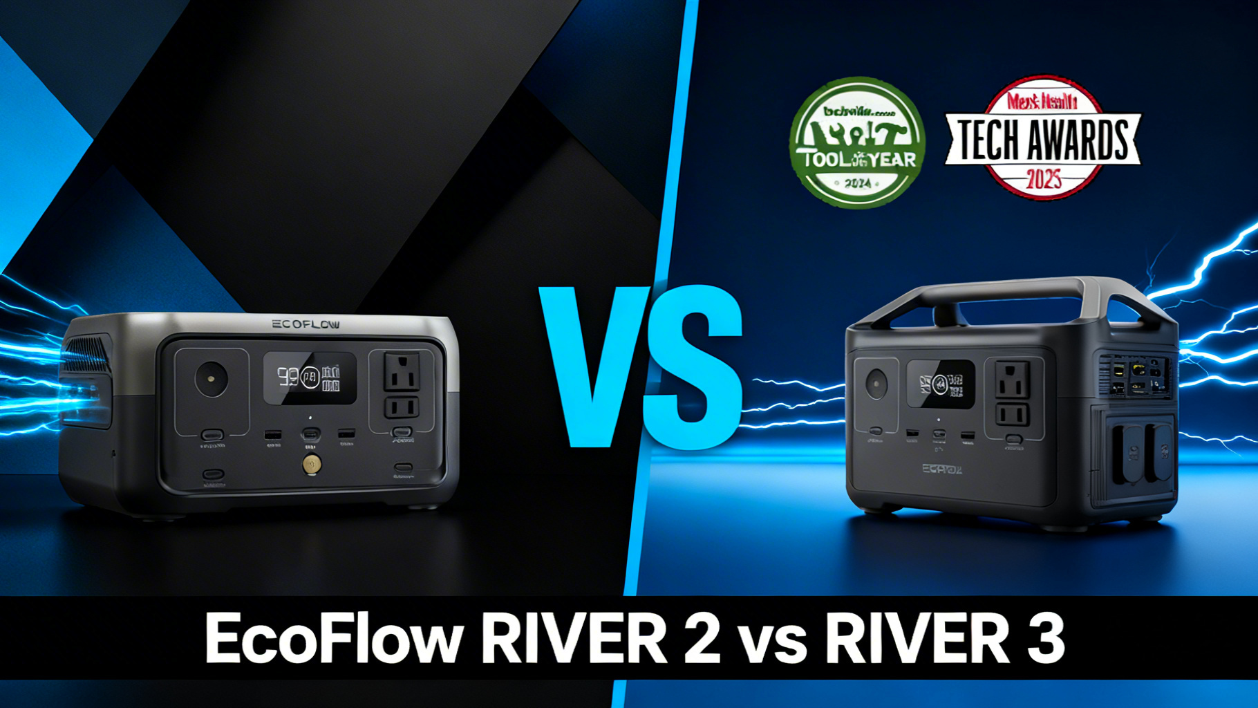 Modern editorial split design comparing EcoFlow RIVER 2 and RIVER 3 portable power stations with product photos and electric blue VS divider