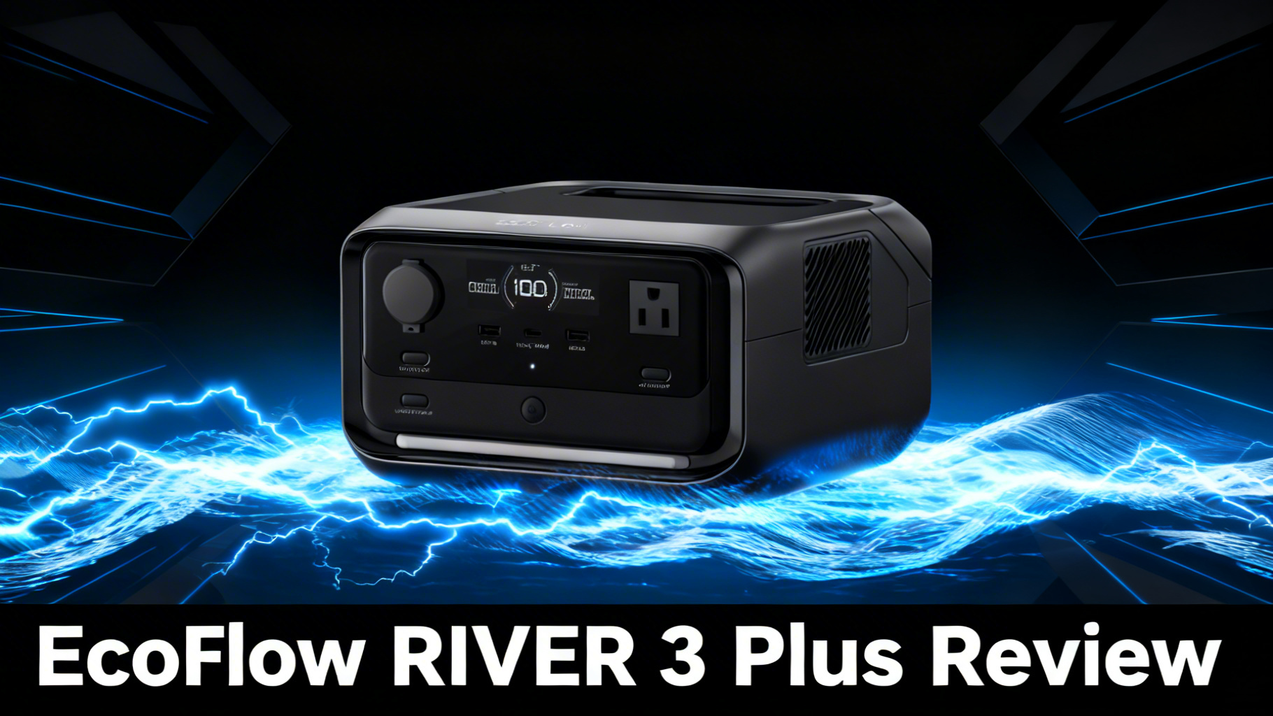 Bold power-tech editorial hero image with deep black to dark blue gradient background and dynamic electric blue power surge lines representing EcoFlow RIVER 3 Plus portable power station review