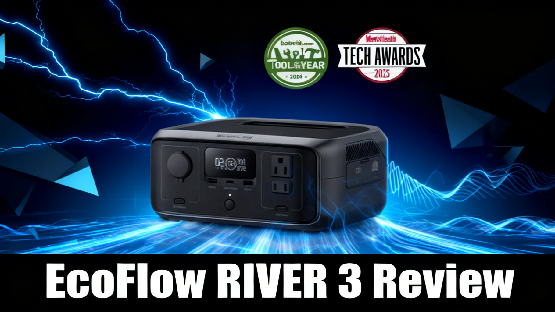 Bold power-tech editorial hero image with deep black to dark blue gradient background and dynamic electric blue power surge lines representing EcoFlow RIVER 3 budget portable power station review