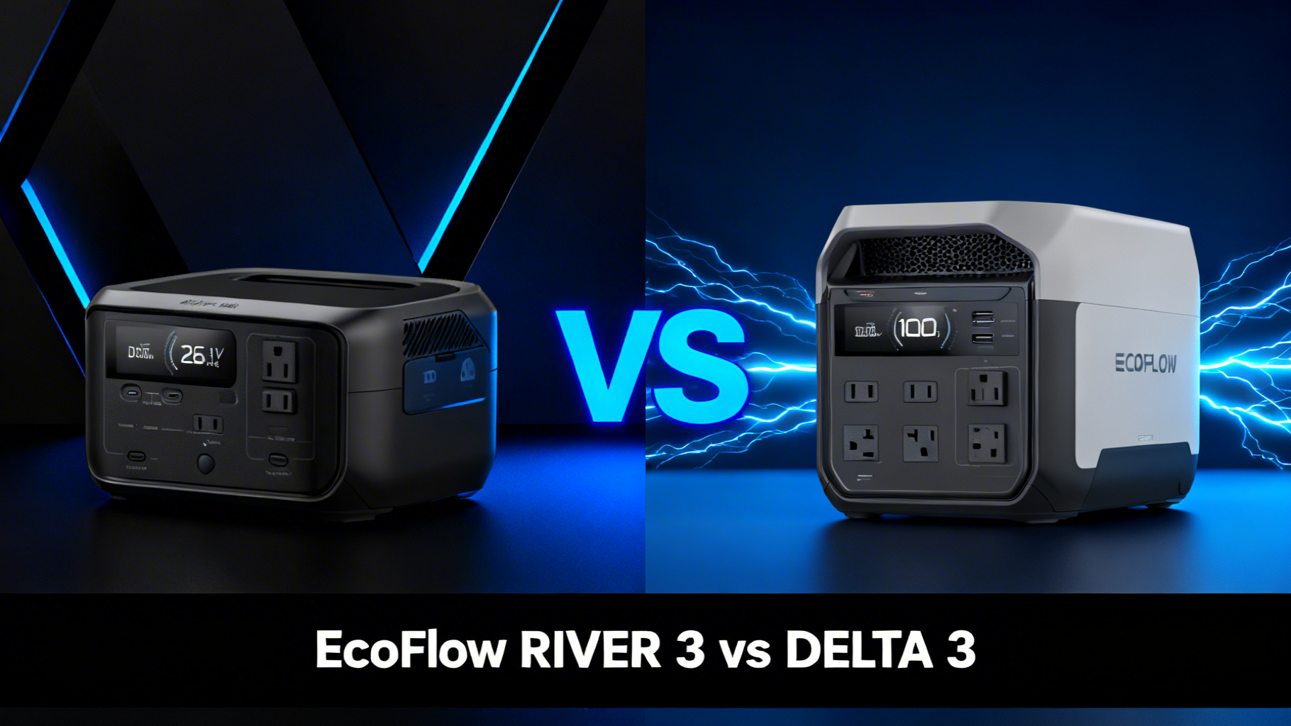 Modern editorial split design comparing EcoFlow RIVER 3 and DELTA 3 portable power stations with product photos and electric blue VS divider