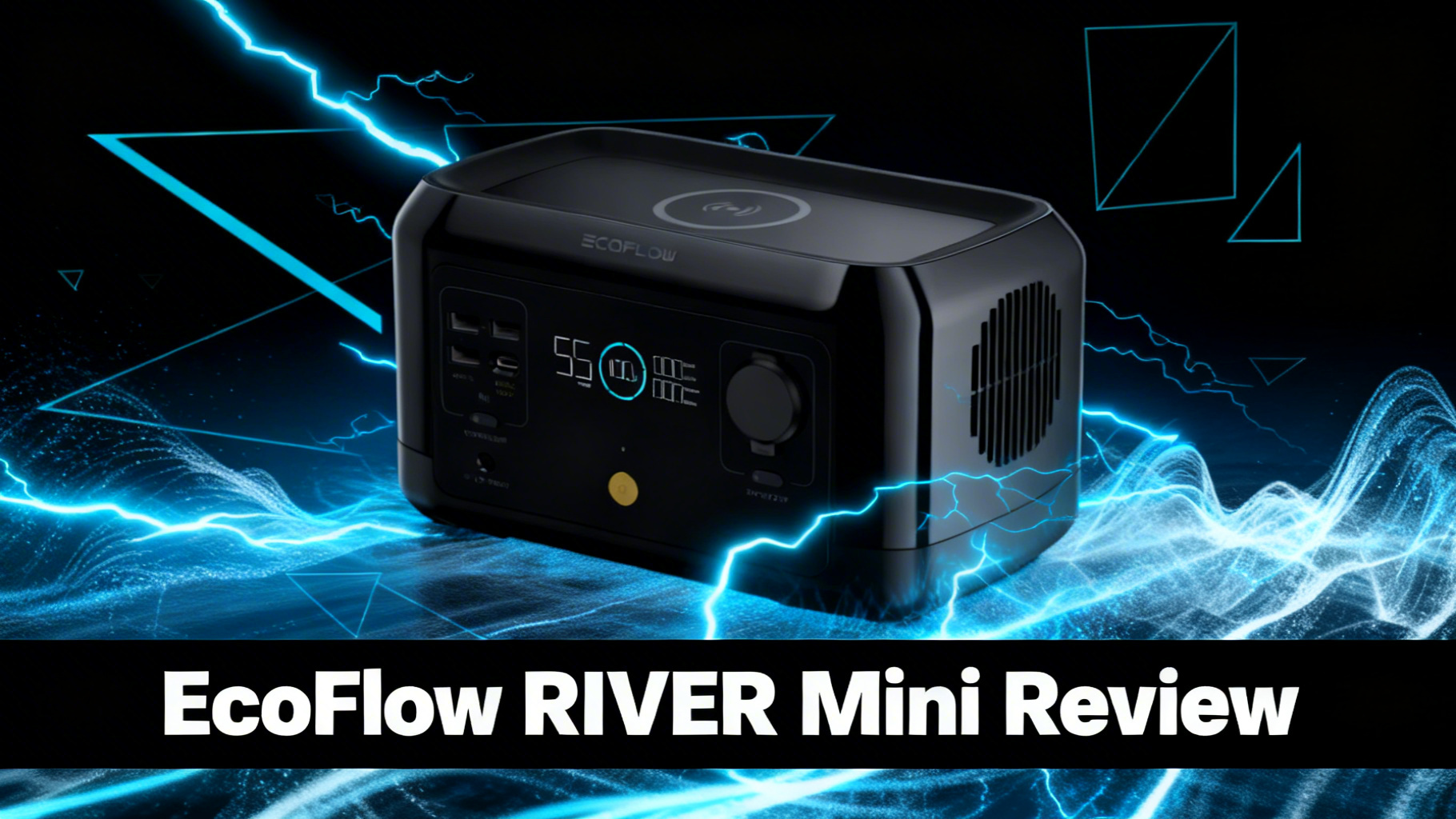 Bold power-tech editorial hero image with deep black to dark blue gradient, dynamic electric blue power surge lines and angular geometric shapes for EcoFlow RIVER Mini review article