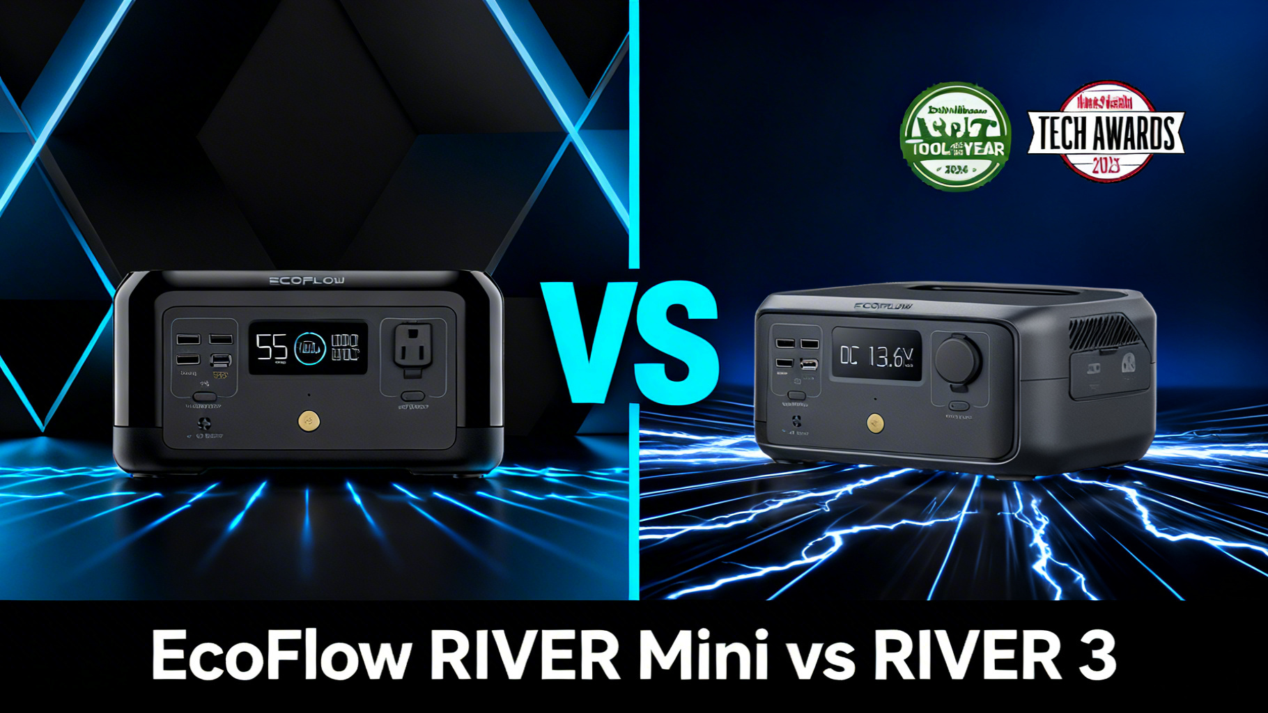 Modern editorial split design comparing EcoFlow RIVER Mini and RIVER 3 portable power stations with product photos, bold power tech aesthetic and electric blue VS divider