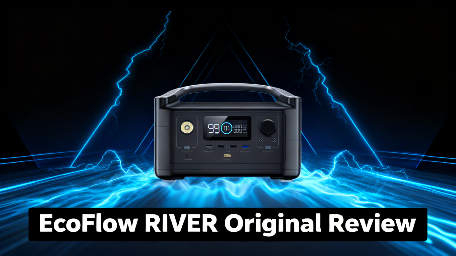 Bold power-tech editorial hero image with deep black to dark blue gradient background and dynamic electric blue power surge lines representing EcoFlow RIVER original portable power station review