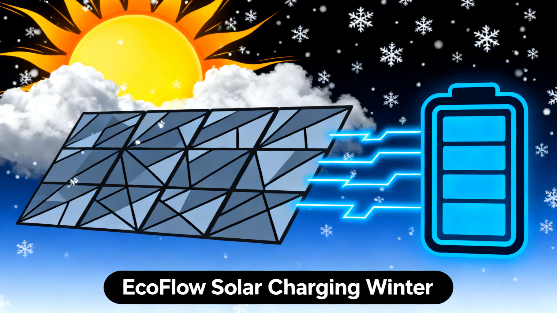 Bold solar illustration with sun behind clouds, solar panels with electric blue power surge, winter atmosphere