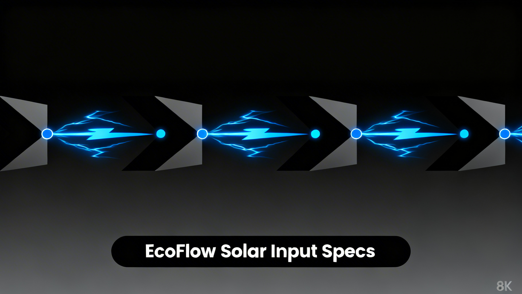 Modern infographic-style illustration with deep black gradient and electric blue step-by-step flow for EcoFlow solar input specifications