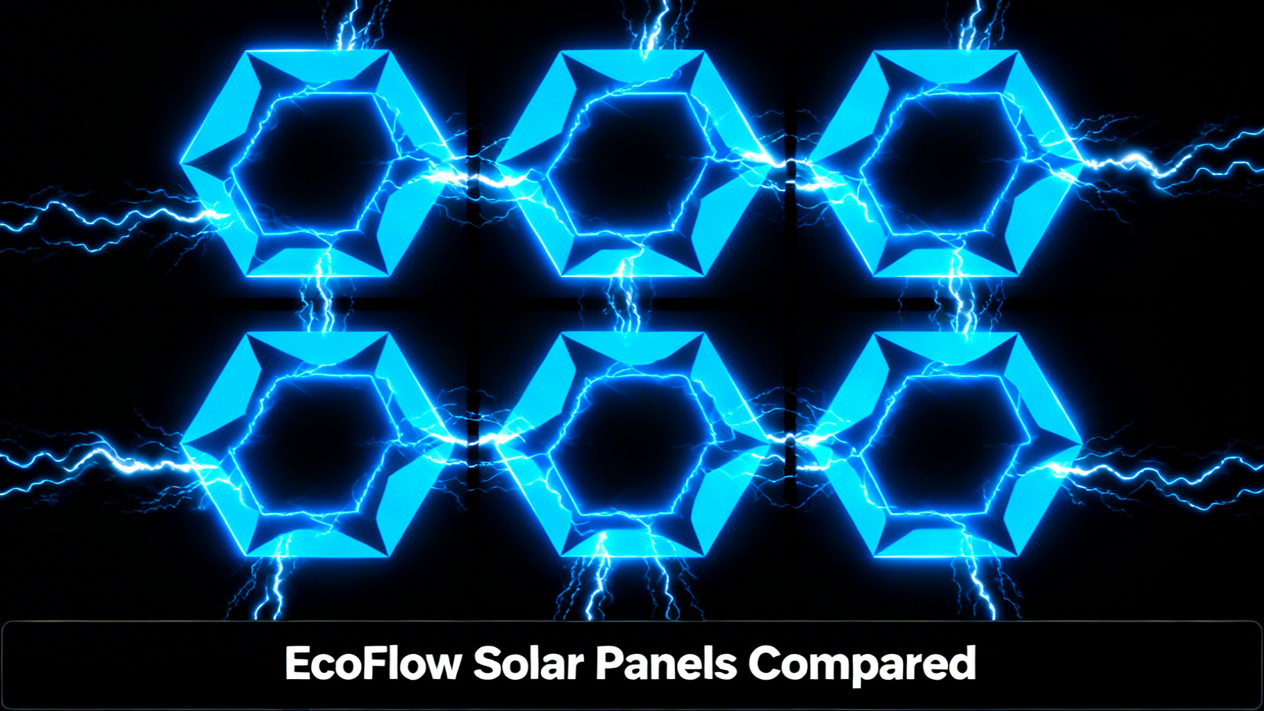 Bold editorial grid with deep black background, glowing electric blue geometric shapes representing different panel wattages