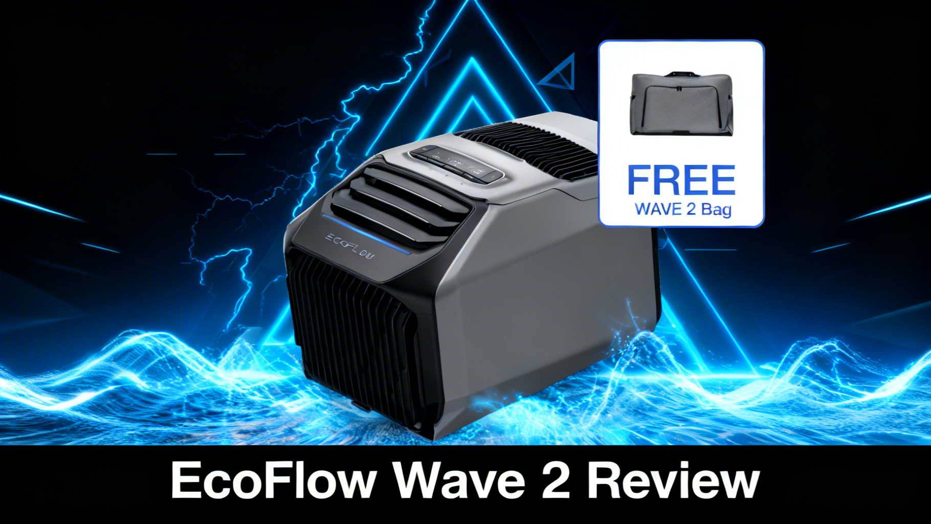 Bold power-tech editorial hero image with deep black gradient, electric blue energy lines for EcoFlow Wave 2 portable AC review