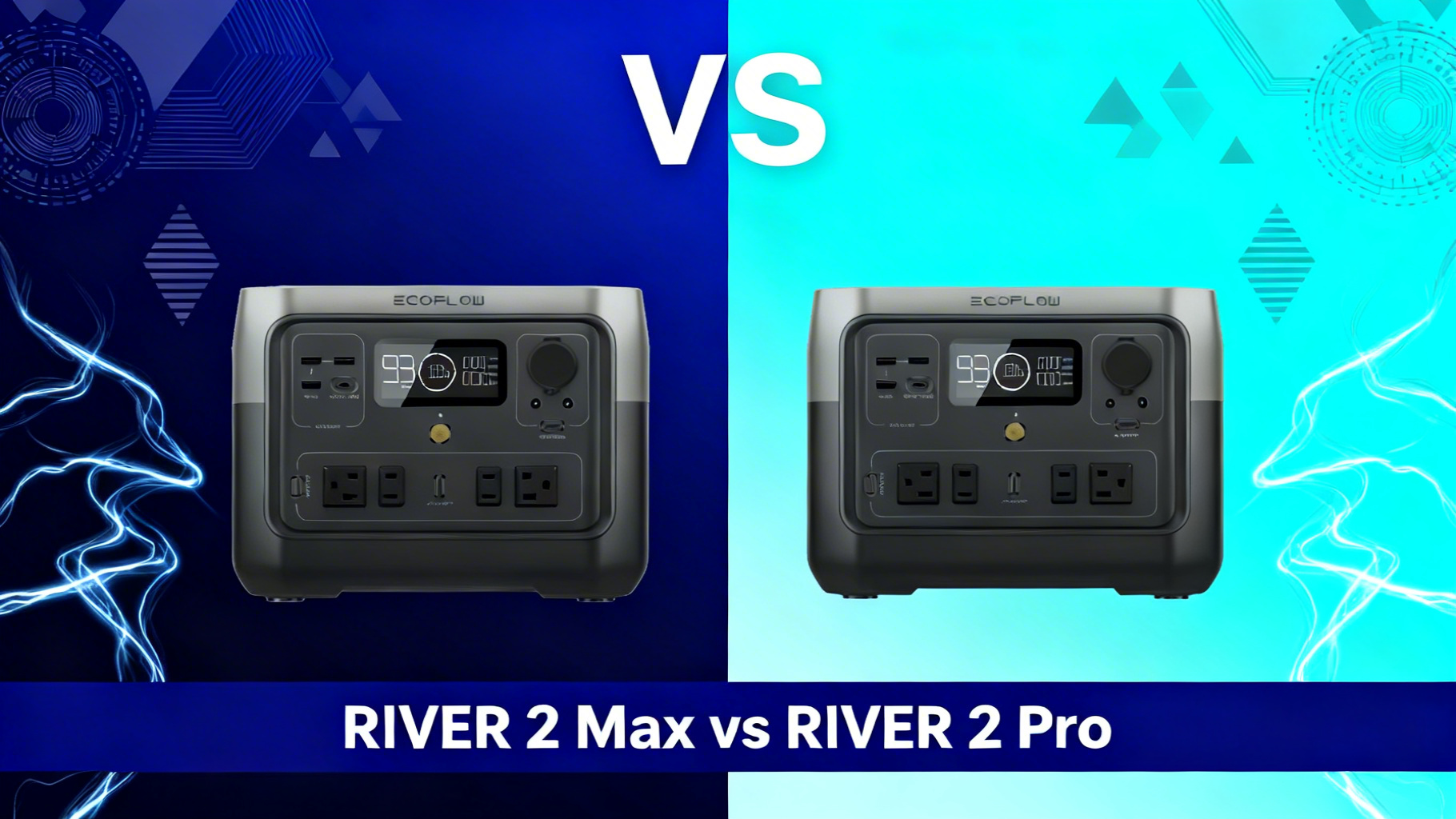 Modern editorial split design with dark gradients, VS text in electric blue, comparing EcoFlow Wave 2 and Wave 3