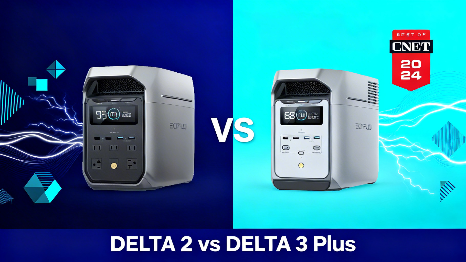 Bold power-tech editorial hero image with deep black gradient and electric blue energy waves for EcoFlow Wave 3 portable AC review