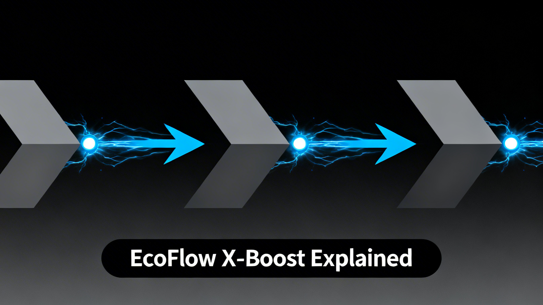 Modern infographic-style illustration with deep black gradient, bold step-by-step visual flow and electric blue connections for EcoFlow X-Boost explanation
