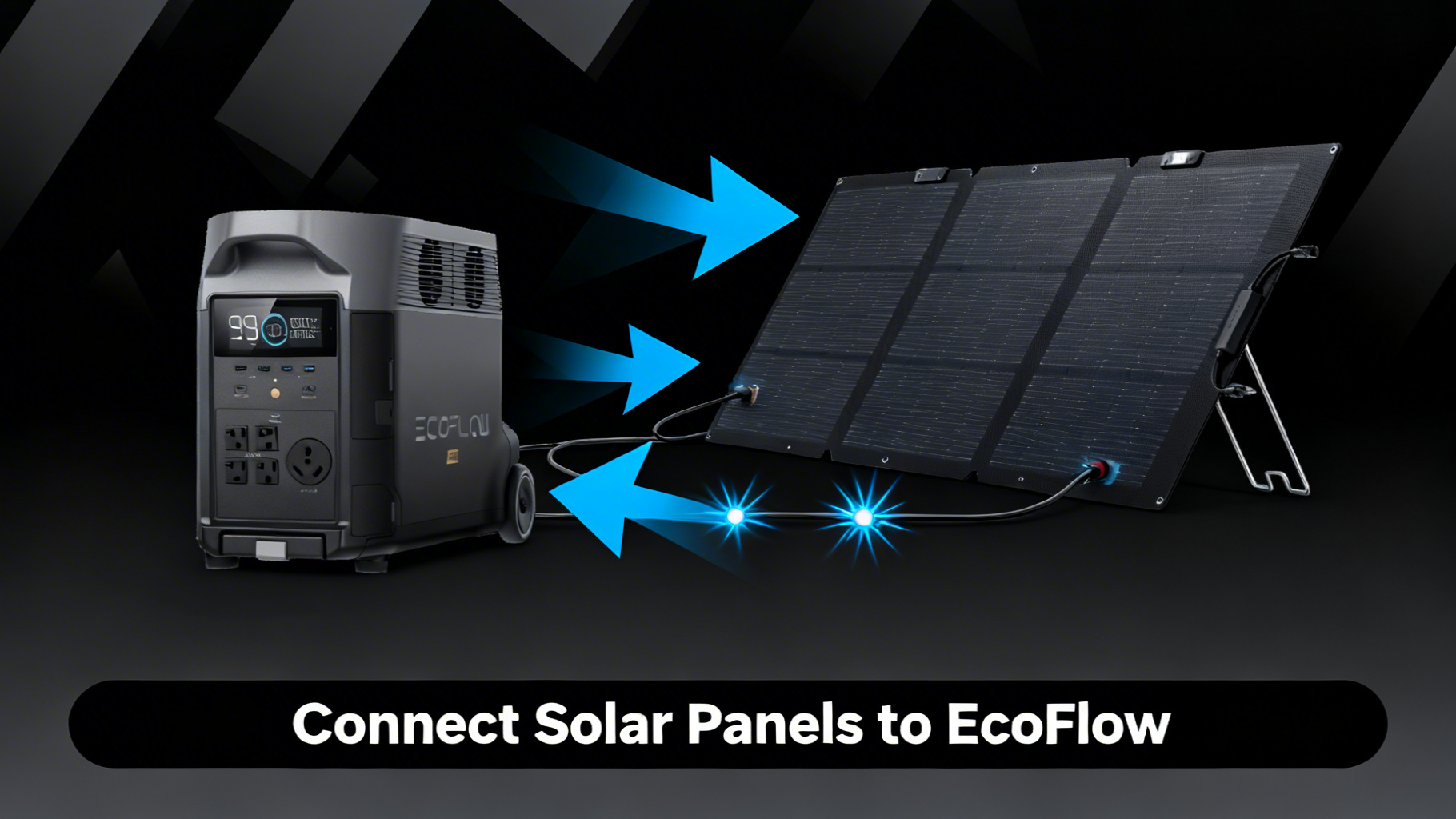 Bold infographic-style illustration showing EcoFlow DELTA Pro power station connected to a solar panel with electric blue power flow